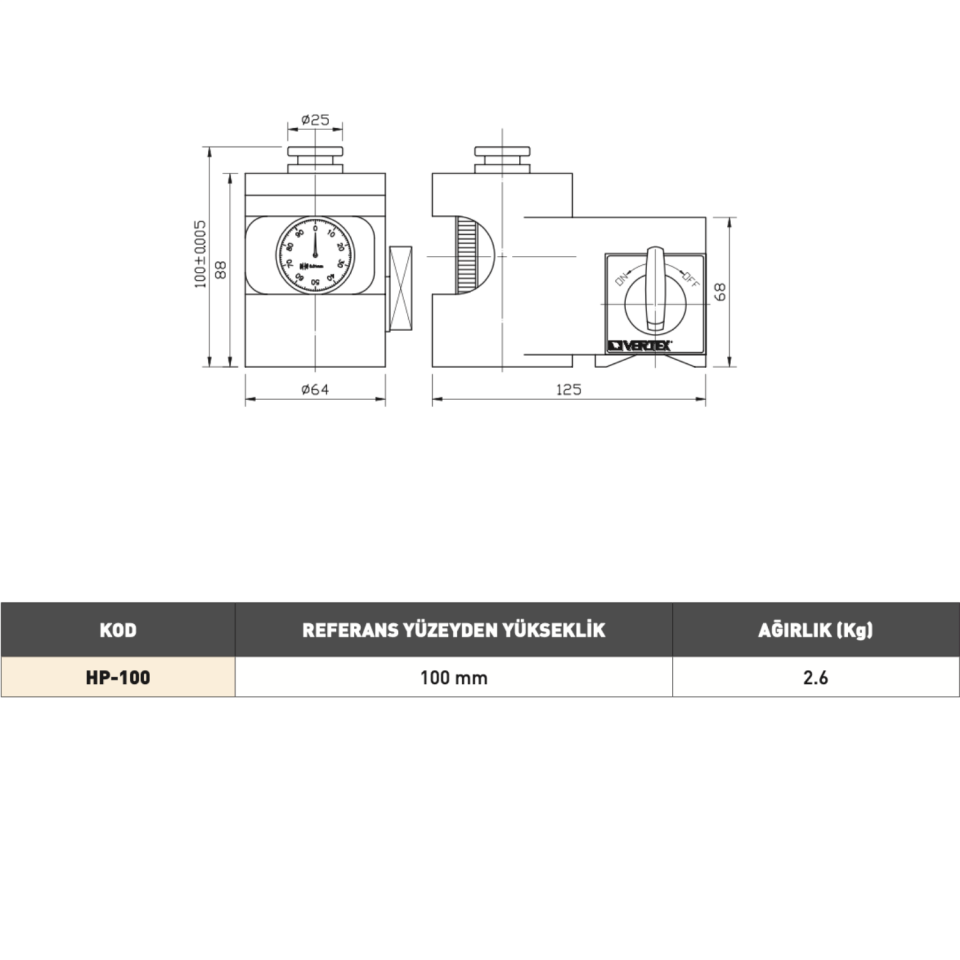 VERTEX Manyetik Tabanlı Yükseklik Hizalama (Saatli)